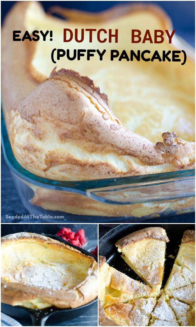 Dutch Baby is a hybrid of a pancake, a popover, and a crepe baked in the oven until puffy. Sometimes called a German Pancake, the batter includes milk, flour, eggs, sugar and butter. Requires just 5 minutes of prep. Cut into slices to feed your family an easy delicious breakfast!