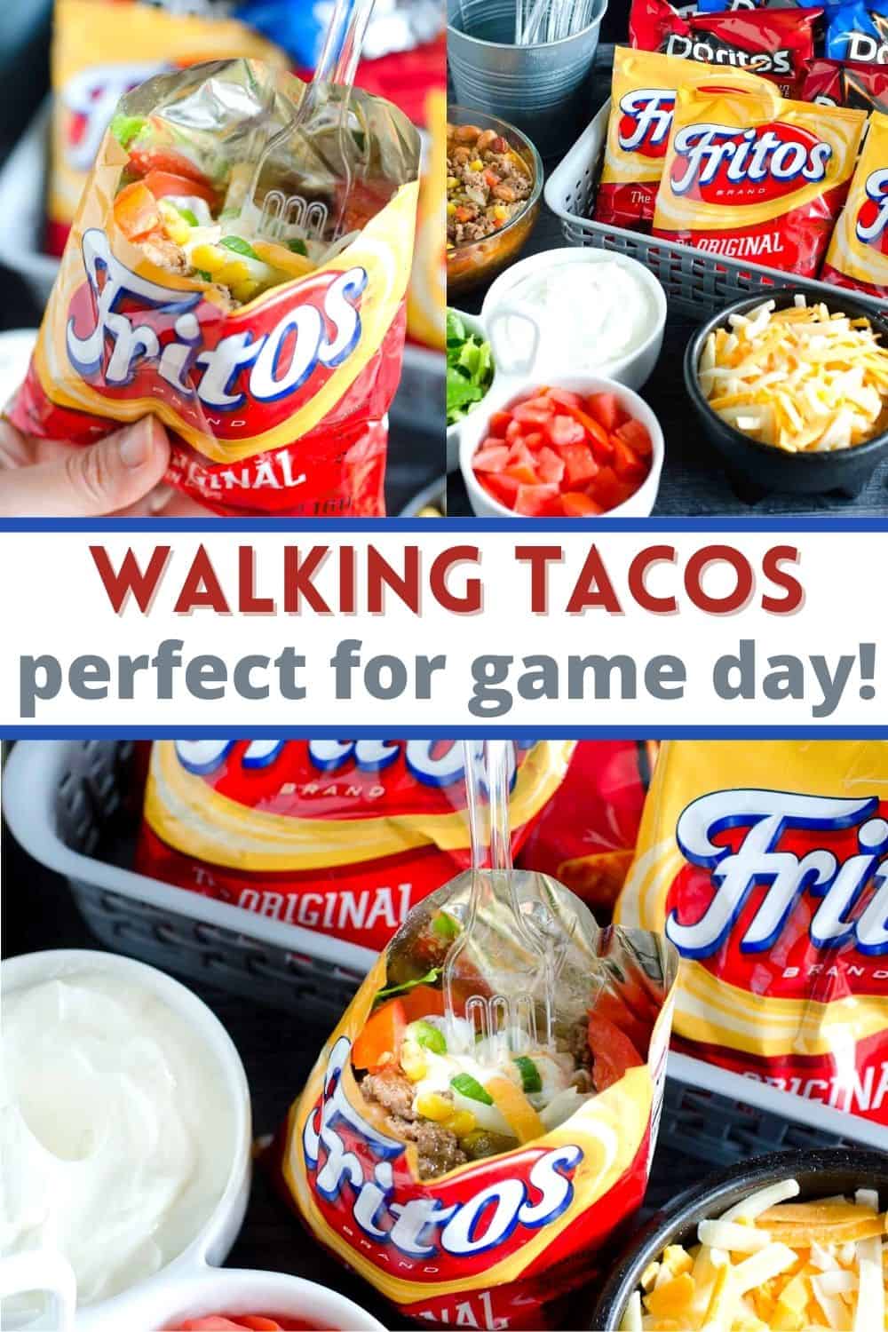 A walking taco is taco meat served in a bag of Frito or Dorito chips with your favorite taco toppings. The perfect party food!
