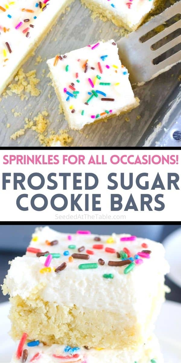 These EASY sugar cookie bars are baked in a pan and topped with a delicious fluffy frosting and sprinkles. Perfect for all celebrations!