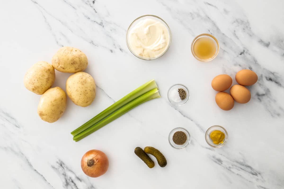 overhead photo of ingredients to make potato salad recipe