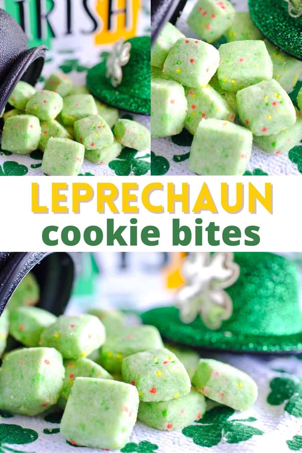 Leprechaun Bites are tiny shortbread cookies with festive sprinkles. These green cookies are perfect to bag up in treat bags or miniature cauldrons for festive Saint Patrick's Day gifts!