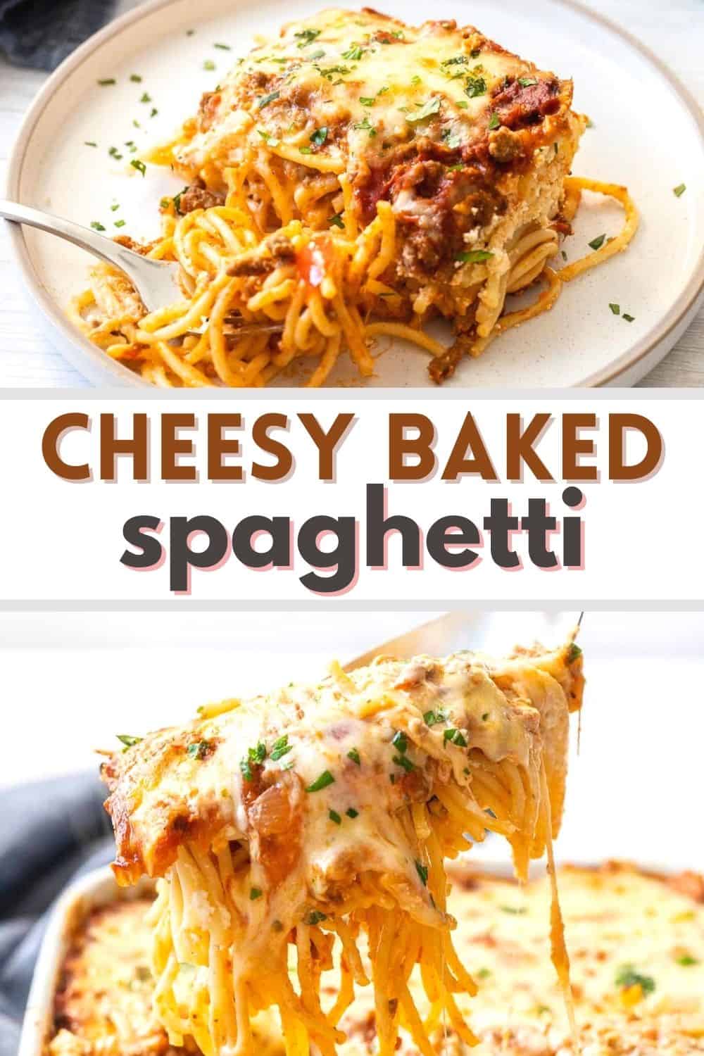 Cheesy baked spaghetti is the perfect comfort dish for any pasta lover. This easy baked pasta recipe includes layers of noodles, Ricotta, mozzarella, Parmesan and meaty sauce.