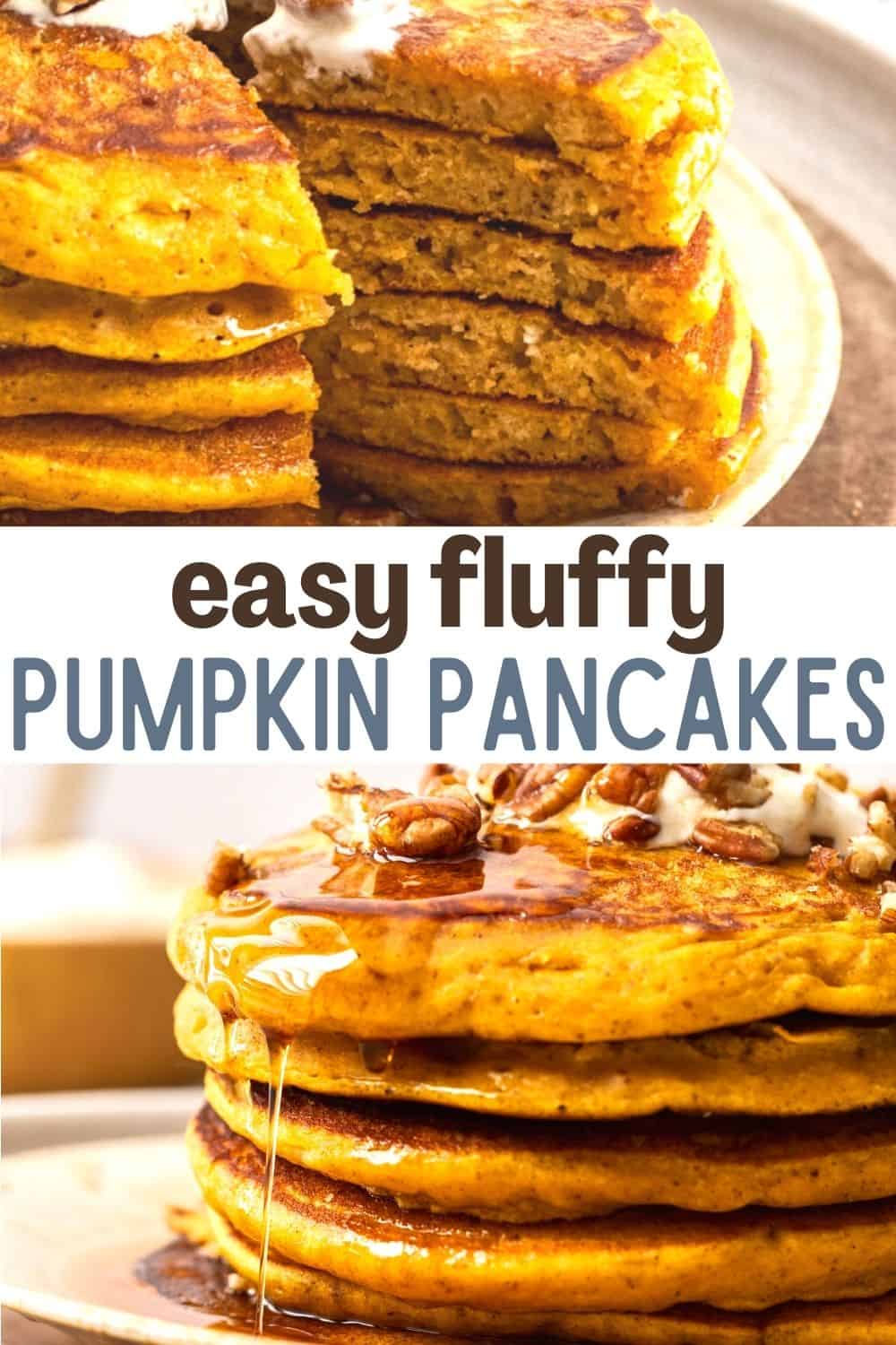 This pumpkin pancakes recipe makes thick and fluffy pancakes that are so moist and delicious! Dust with cinnamon sugar or maple syrup and a sprinkle of toasted pecans to warm up a chilly morning breakfast!