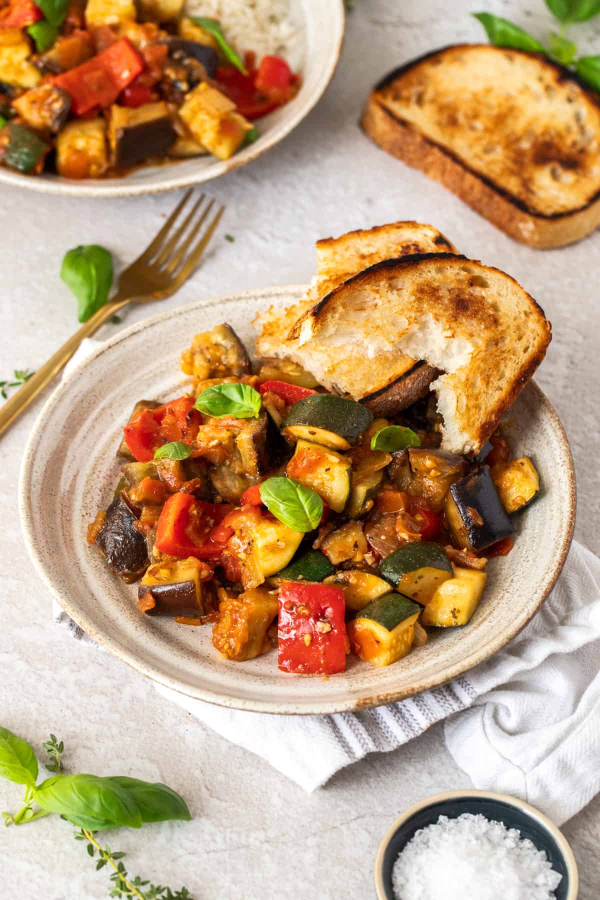 bowl of ratatouille with crusty bread