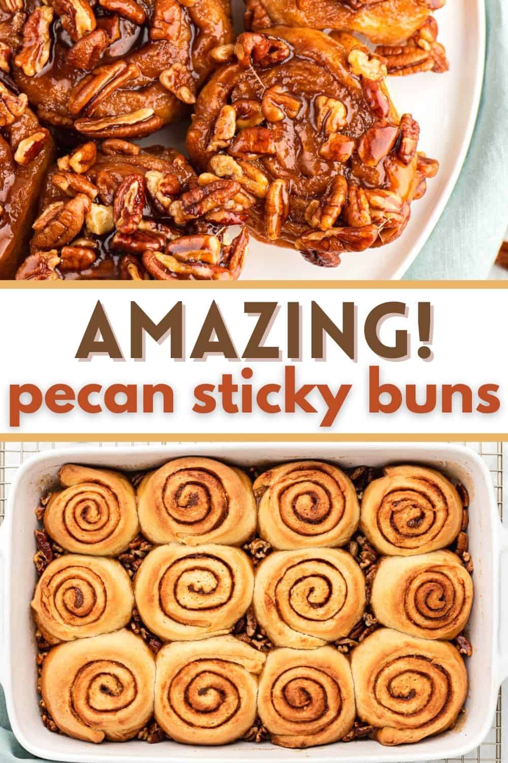 Pecan sticky buns are our favorite gooey cinnamon rolls for weekend and holiday brunch. These sticky rolls start with an easy homemade dough and baked with a delicious caramel pecan topping.