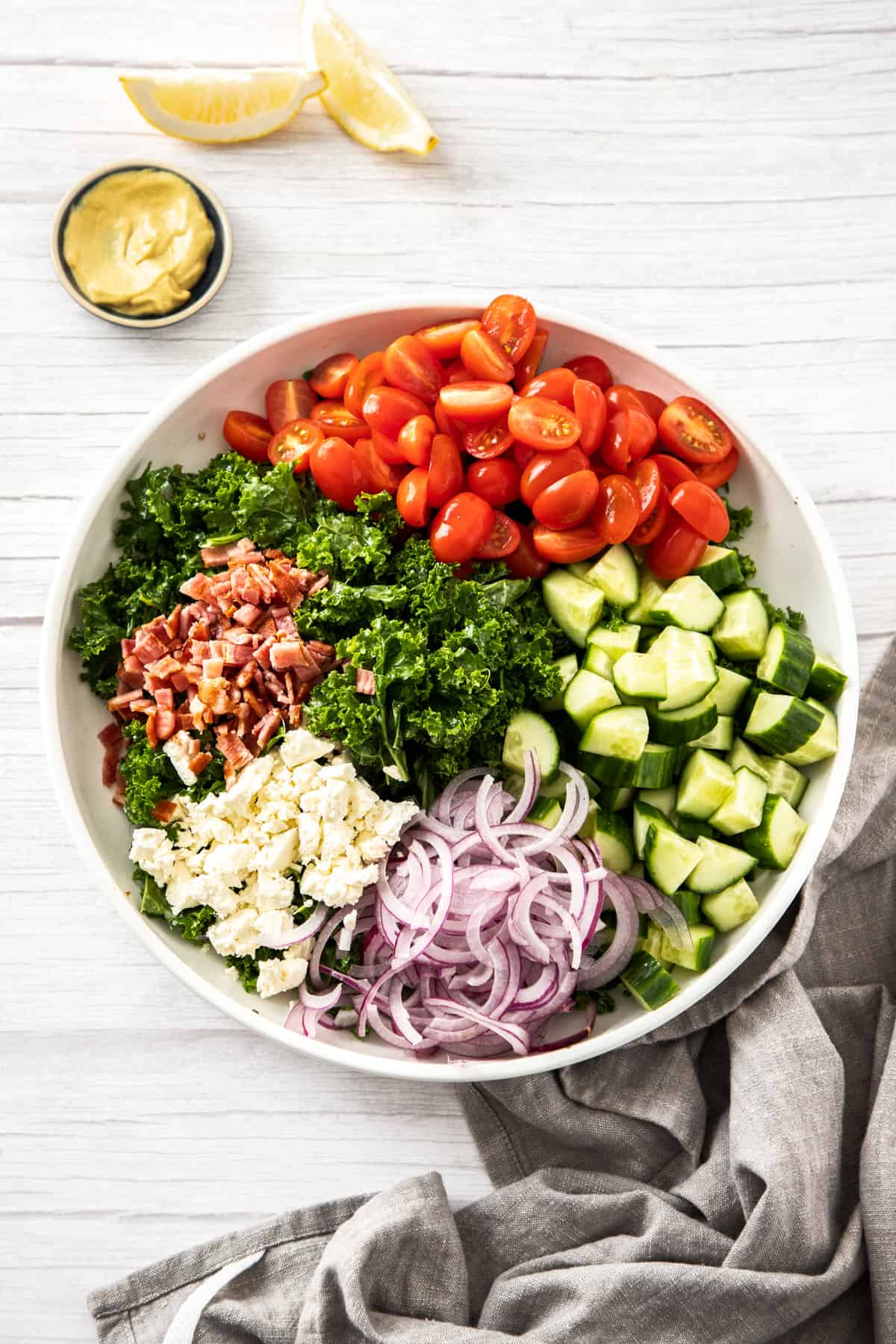 salad ingredients grouped into a bowl