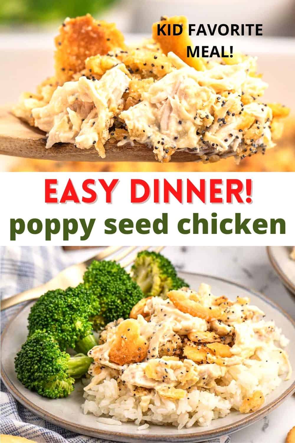 Poppy seed chicken is a favorite creamy casserole topped with buttery Ritz crackers. We serve our chicken poppy seed casserole over white rice. Made with few ingredients, this recipe is an easy family dinner!