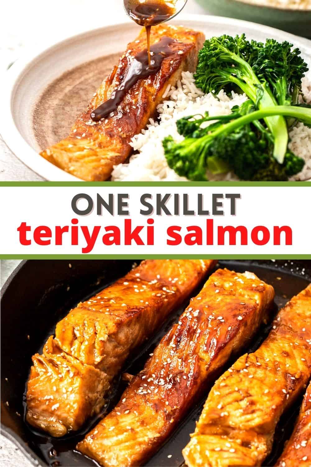 Teriyaki salmon is served alongside rice and veggies with a simple homemade glaze. Cooked in a skillet, this sweet salmon is ready in minutes!