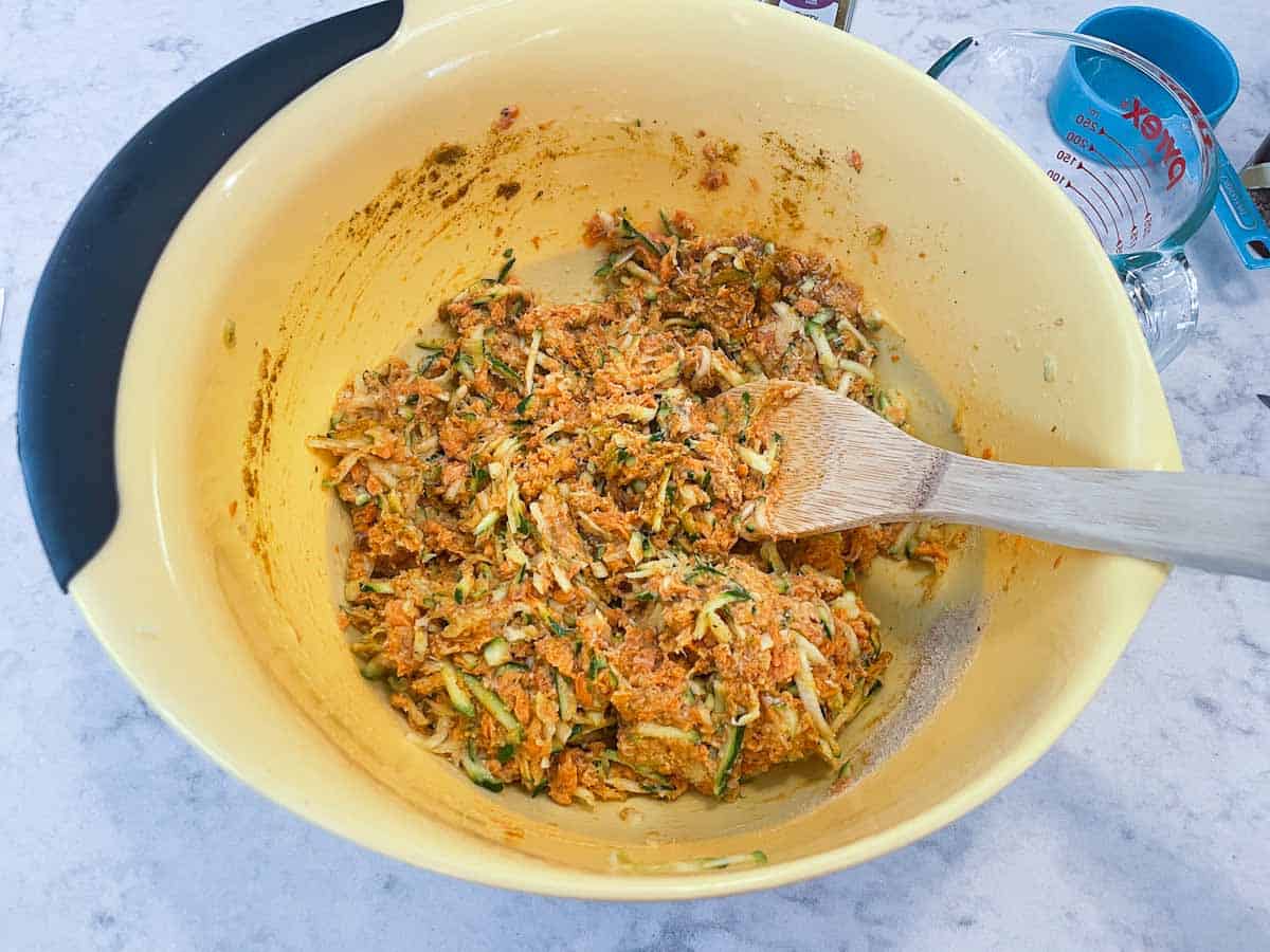 salmon cakes ingredients mixed in large bowl