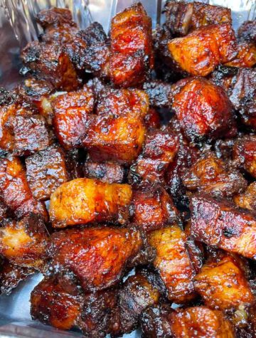pork belly burnt ends piled in pan