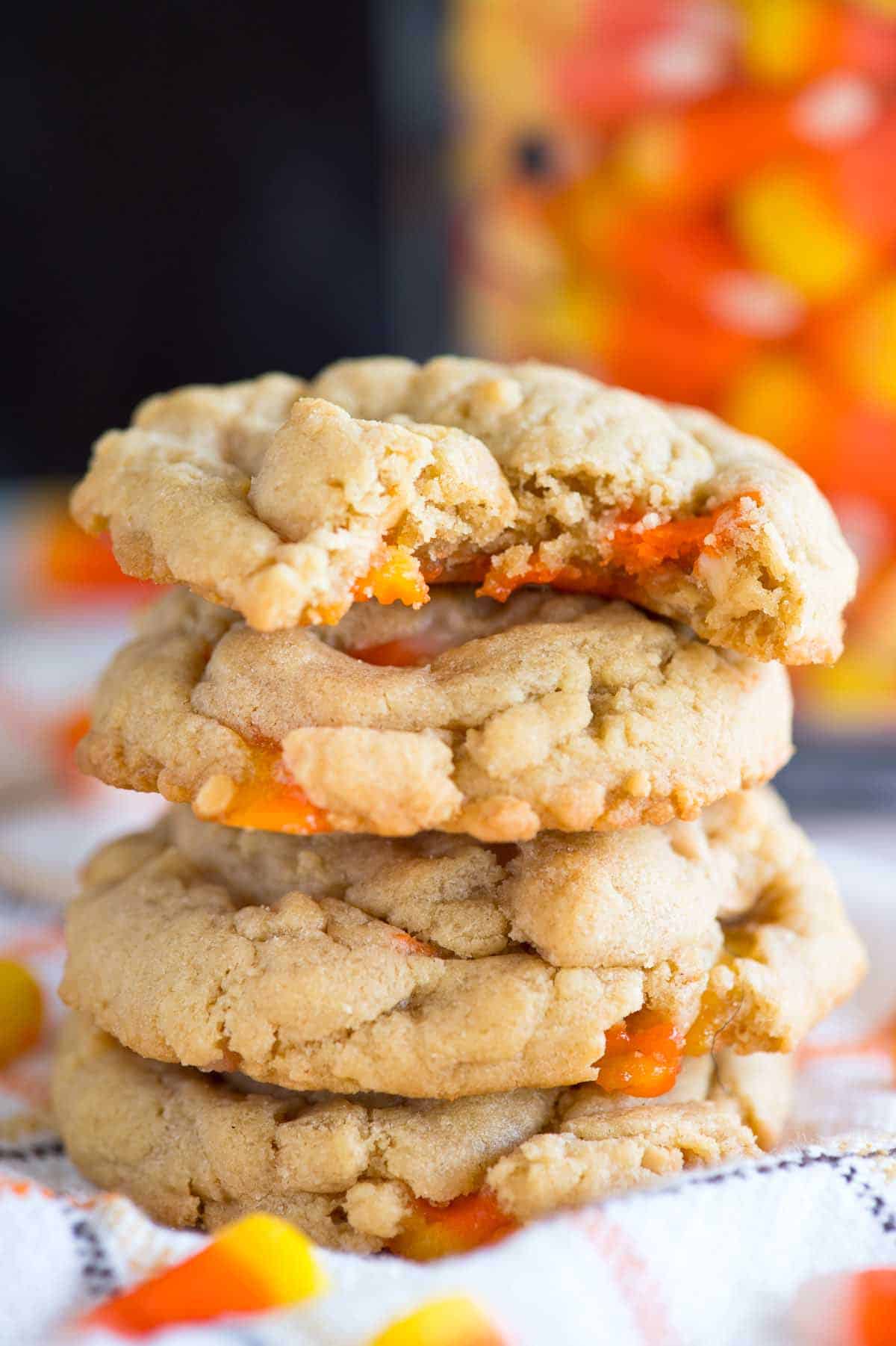 stack of peanut butter cookies with candy corn