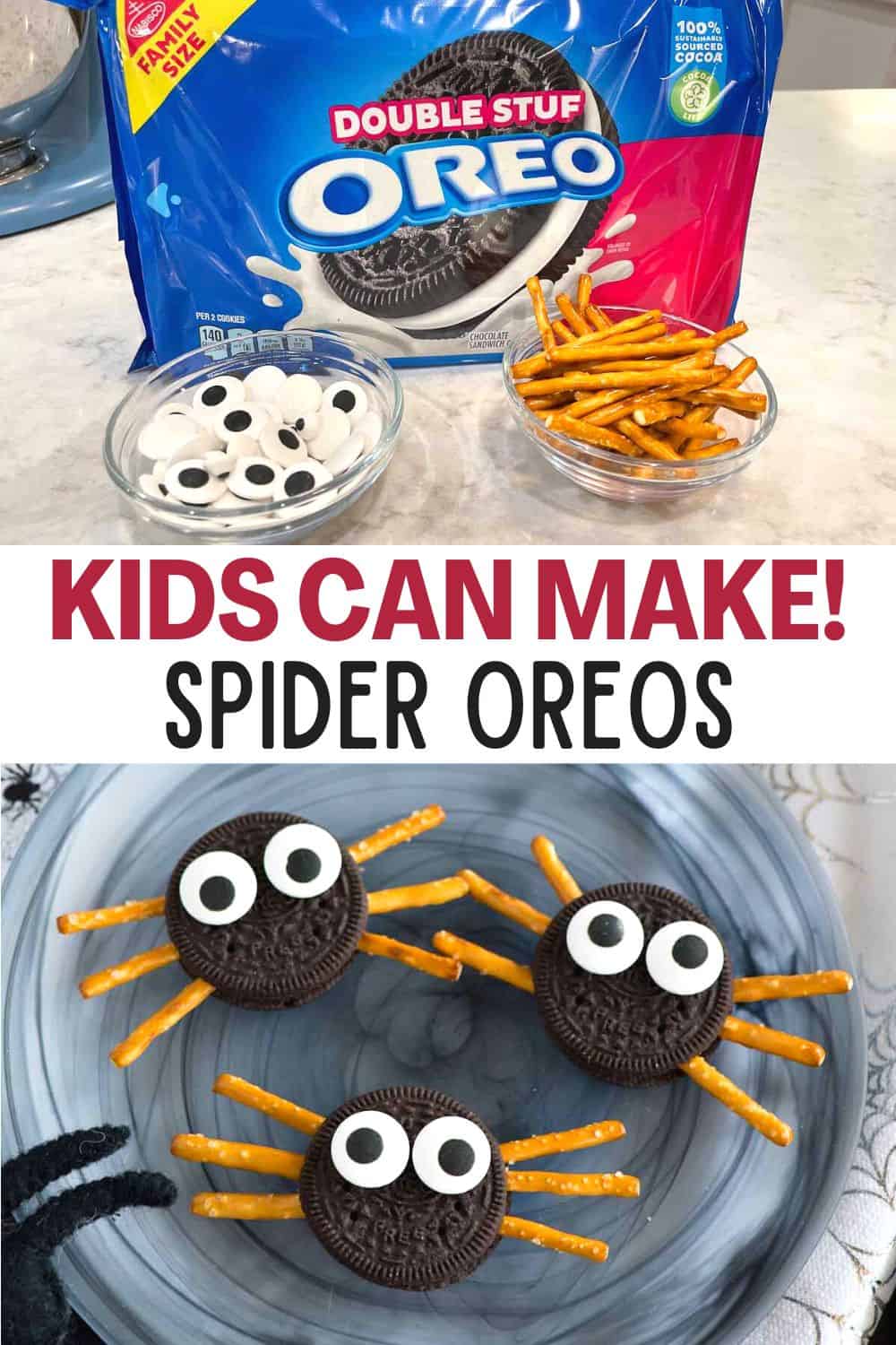 Make these adorable spider Oreos for Halloween using four fun snack ingredients. Serve these spooky spider cookies as a festive treat or use them as cupcake toppers -- your kids will surely love them!