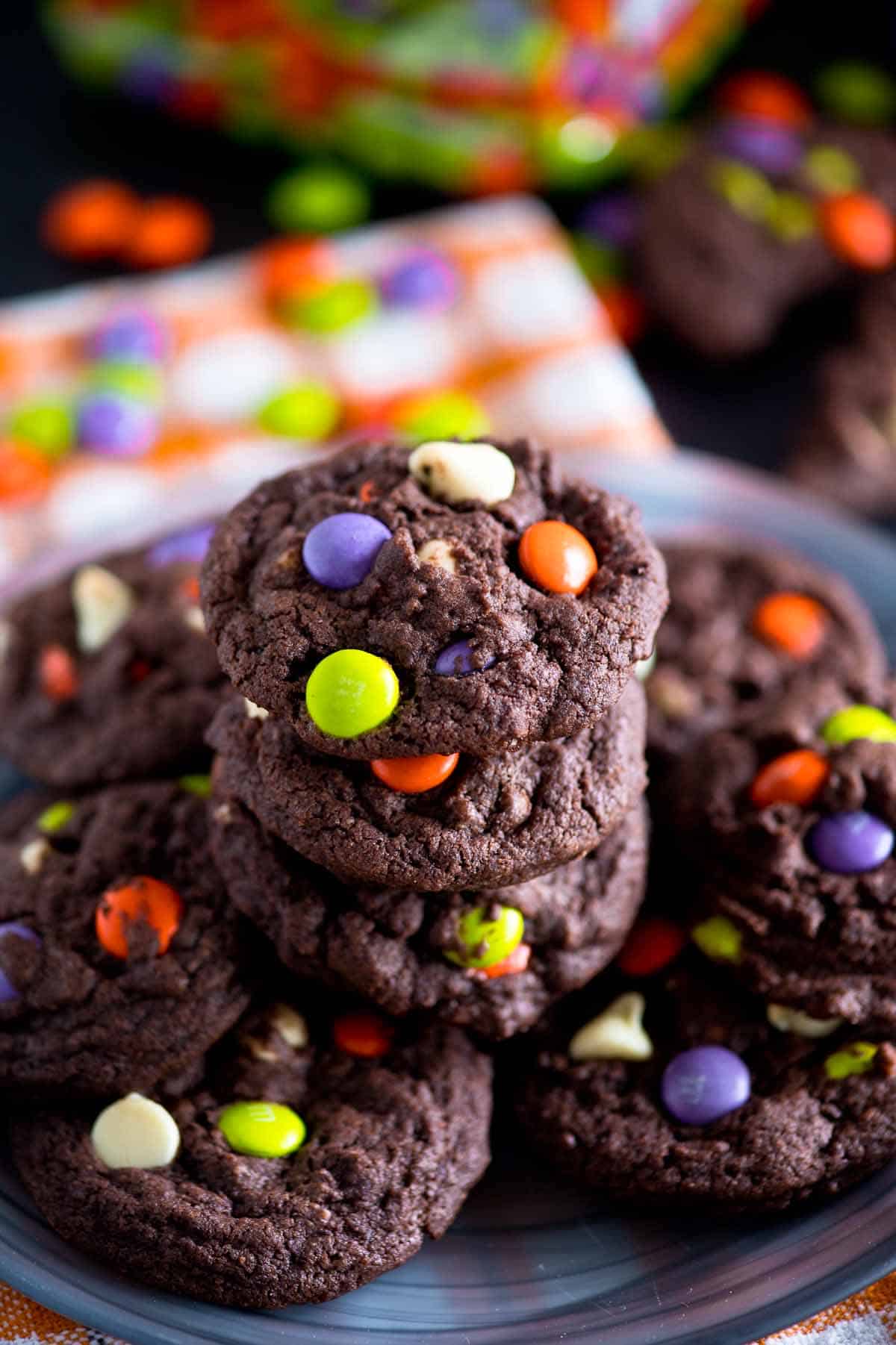 chocolate halloween cookies with halloween m&m's