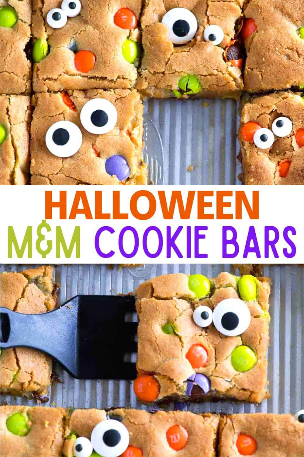 These Halloween cookie bars are soft and gooey with a crunchy golden crust studded with M&Ms! Add googly candy eyes for an easy spooky treat!