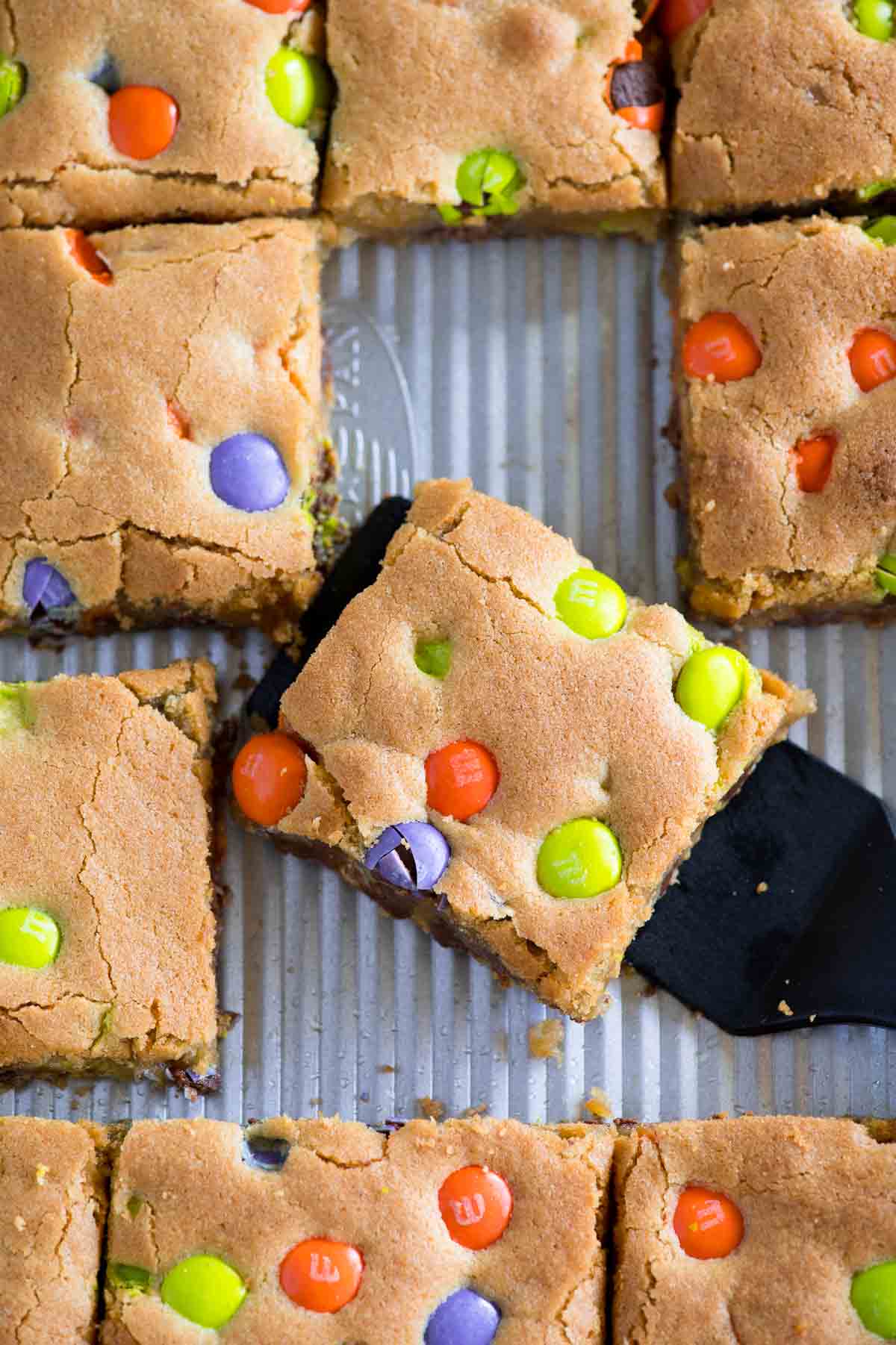 cookie bars with ghoulish candy coated chocolate
