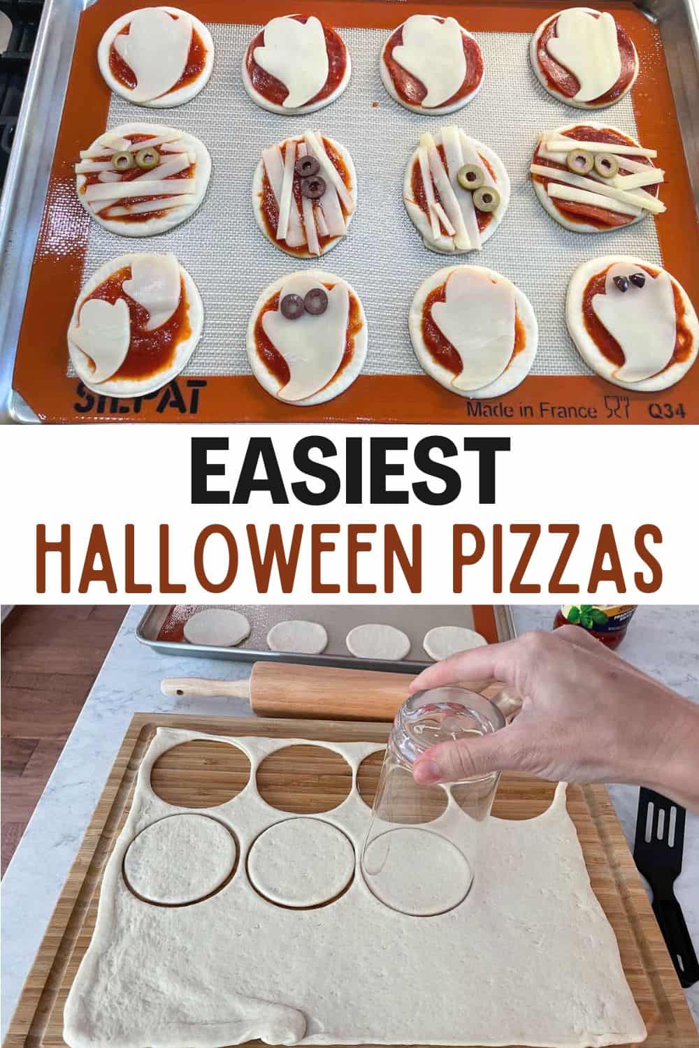 These fun and spooky Halloween mini pizza treats are a big hit for kids, adults, and ghouls alike! You only need 5 ingredients and less than 15 minutes!