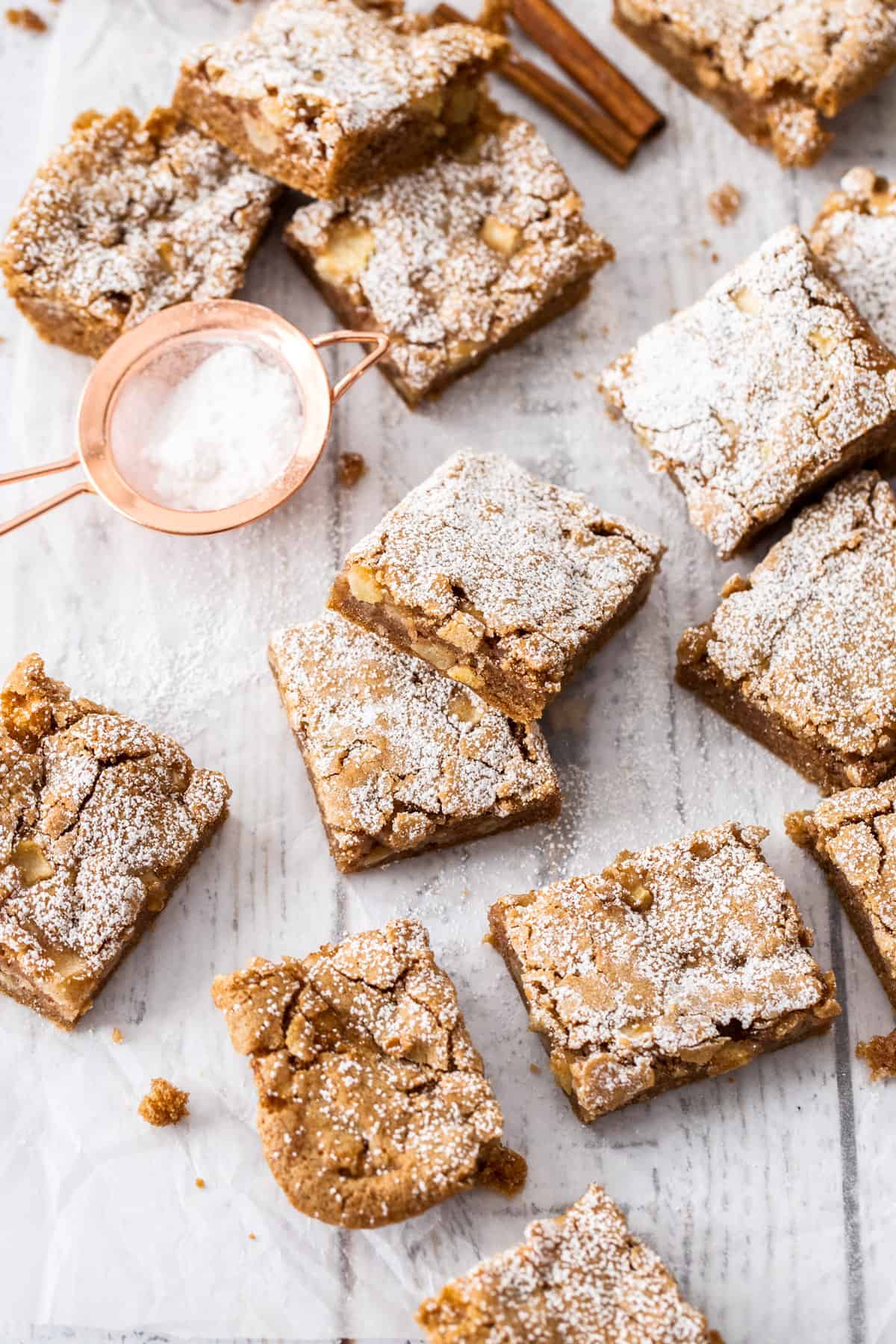 apple blondies dusted with powdered sugar