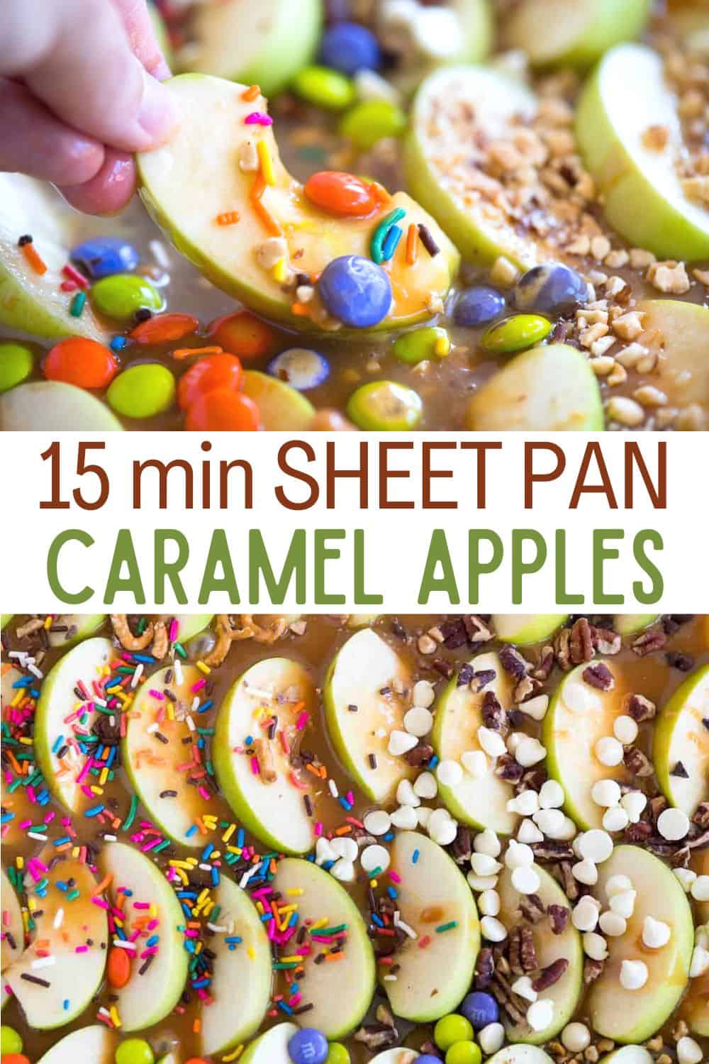 Sheet pan caramel apples is the easiest way to enjoy this classic fall favorite. The apples are already sliced and ready to eat with caramel sauce and delicious toppings!