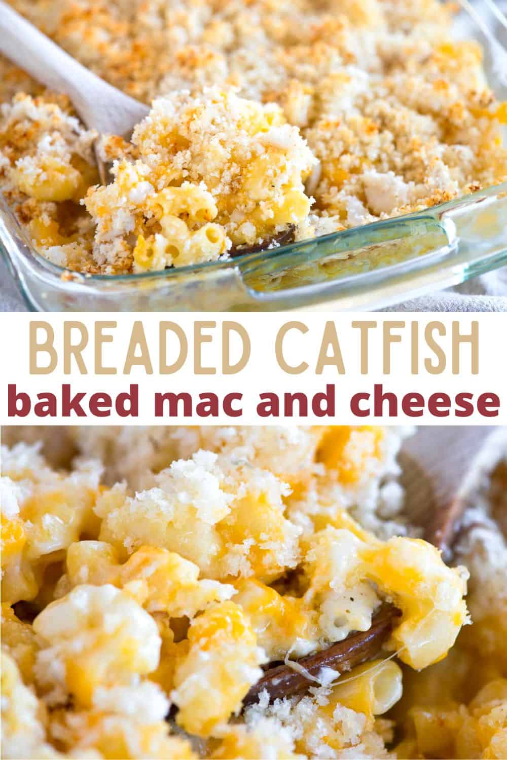 We took our favorite oven baked macaroni and cheese to another level by adding a crispy catfish breadcrumb topping! This catfish recipe is an easy weeknight dinner the whole family will enjoy.