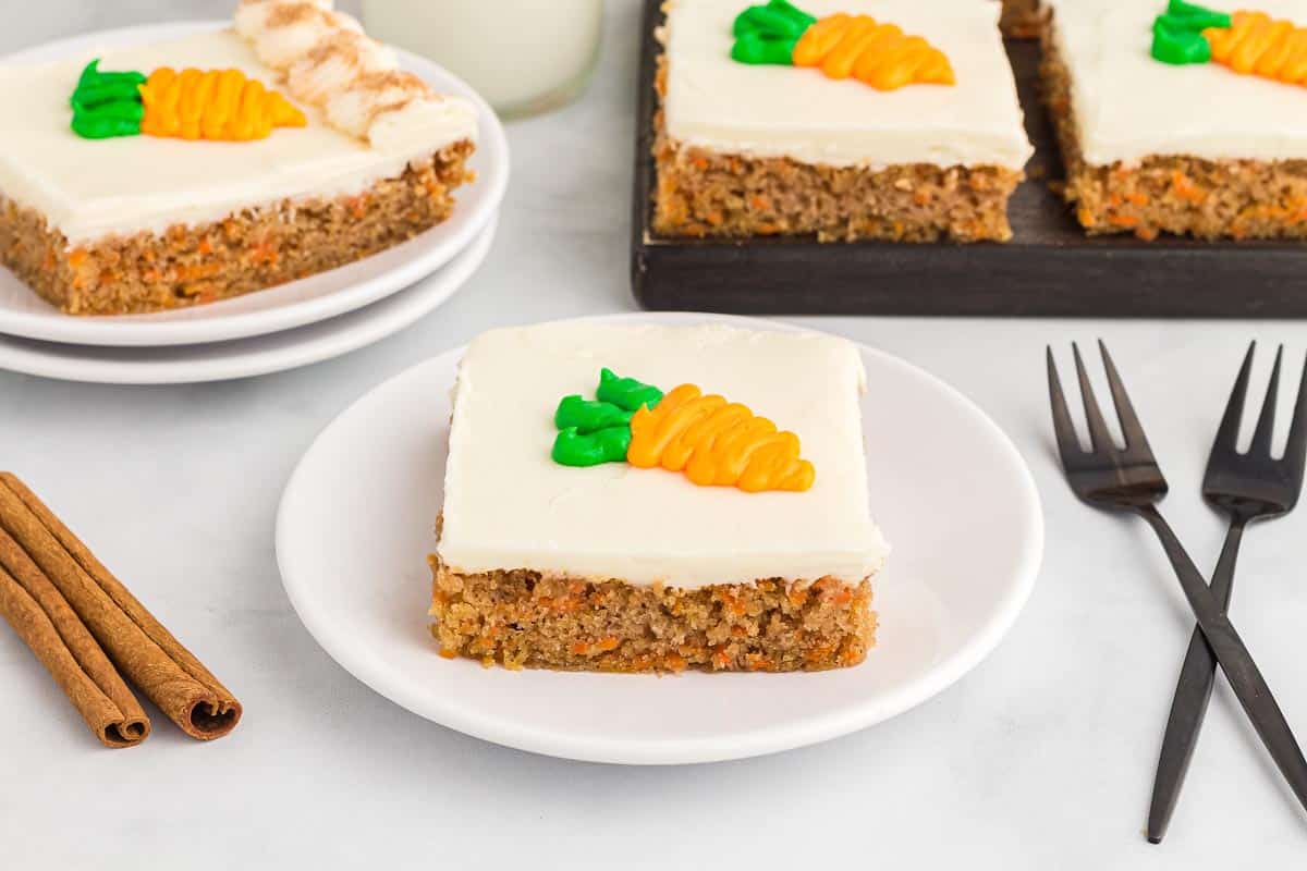 square slice of carrot sheet cake
