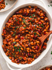 slow cooker bowl of baked beans