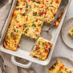 Easy sausage and hashbrown breakfast casserole baked in a 9×13 dish