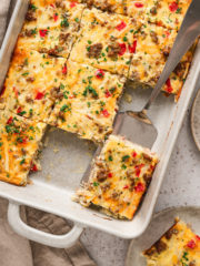 Easy sausage and hashbrown breakfast casserole baked in a 9×13 dish