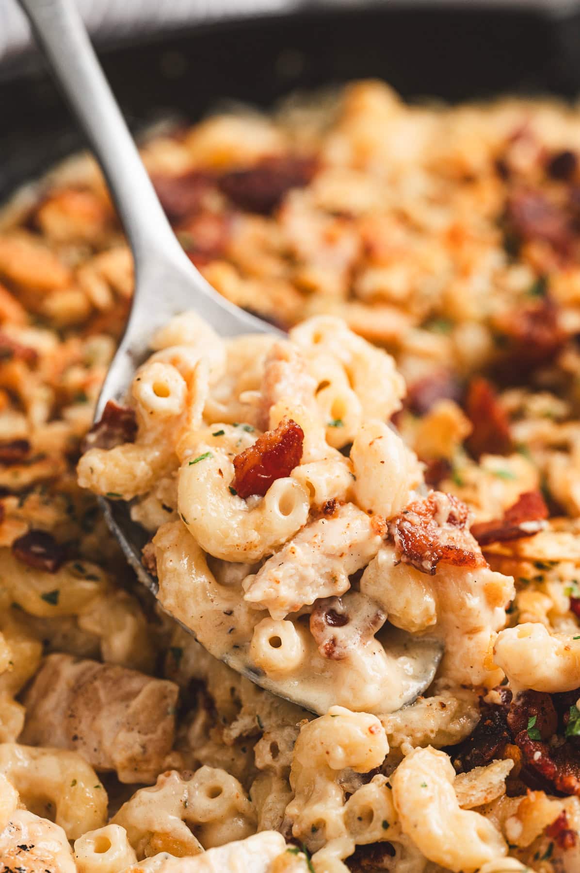 scoop of mac and cheese with chicken and bacon