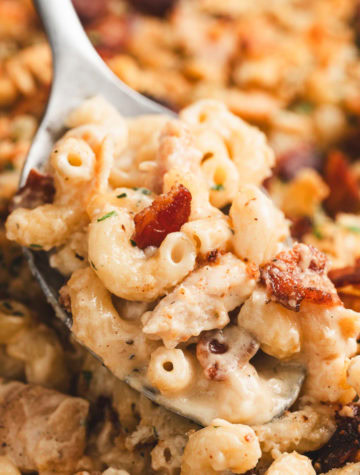chicken ranch mac and cheese in a spoon with bacon pieces