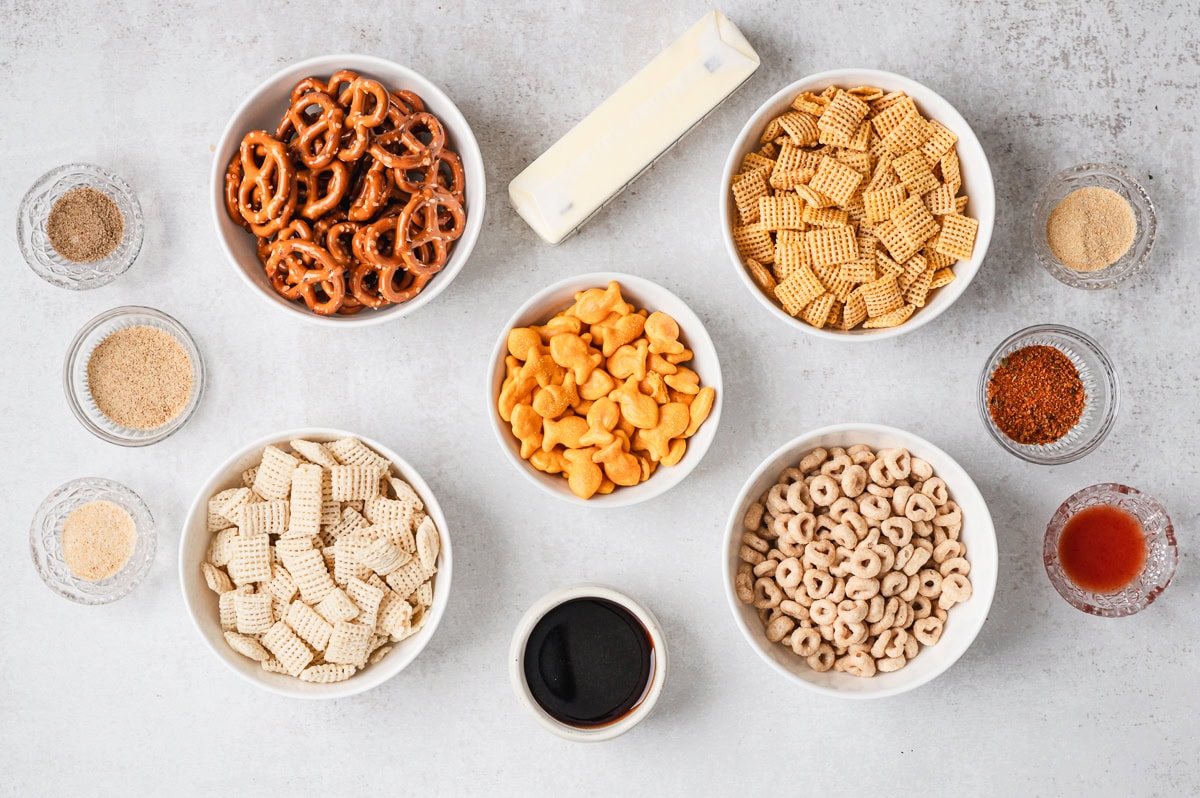 overhead photo of ingredients for cereal snack mix