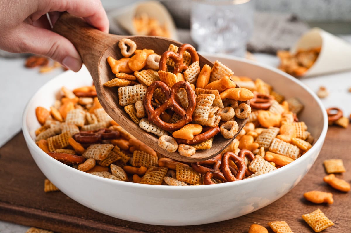 scoop of cereal snack mix