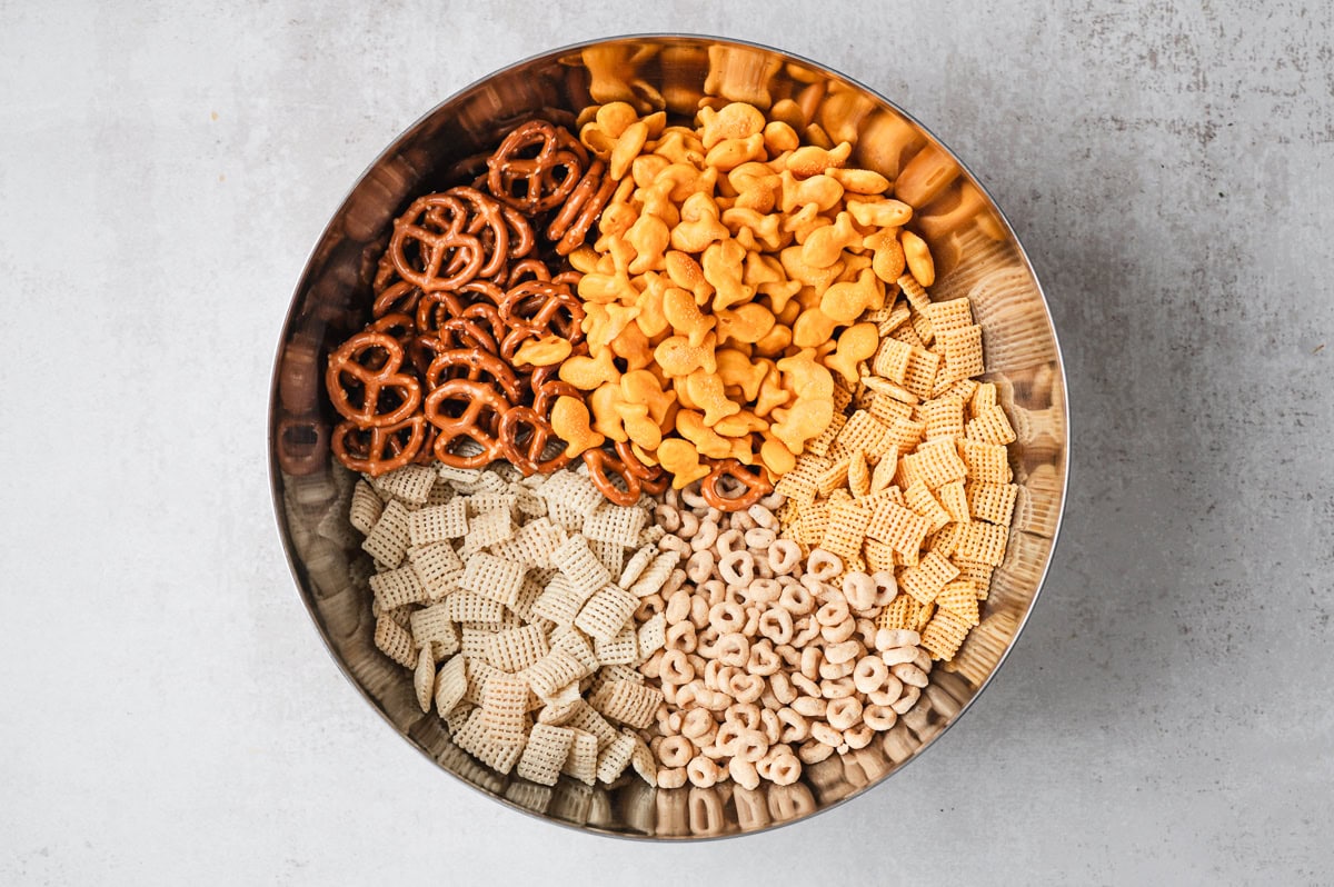 large bowl of snack mix ingredients