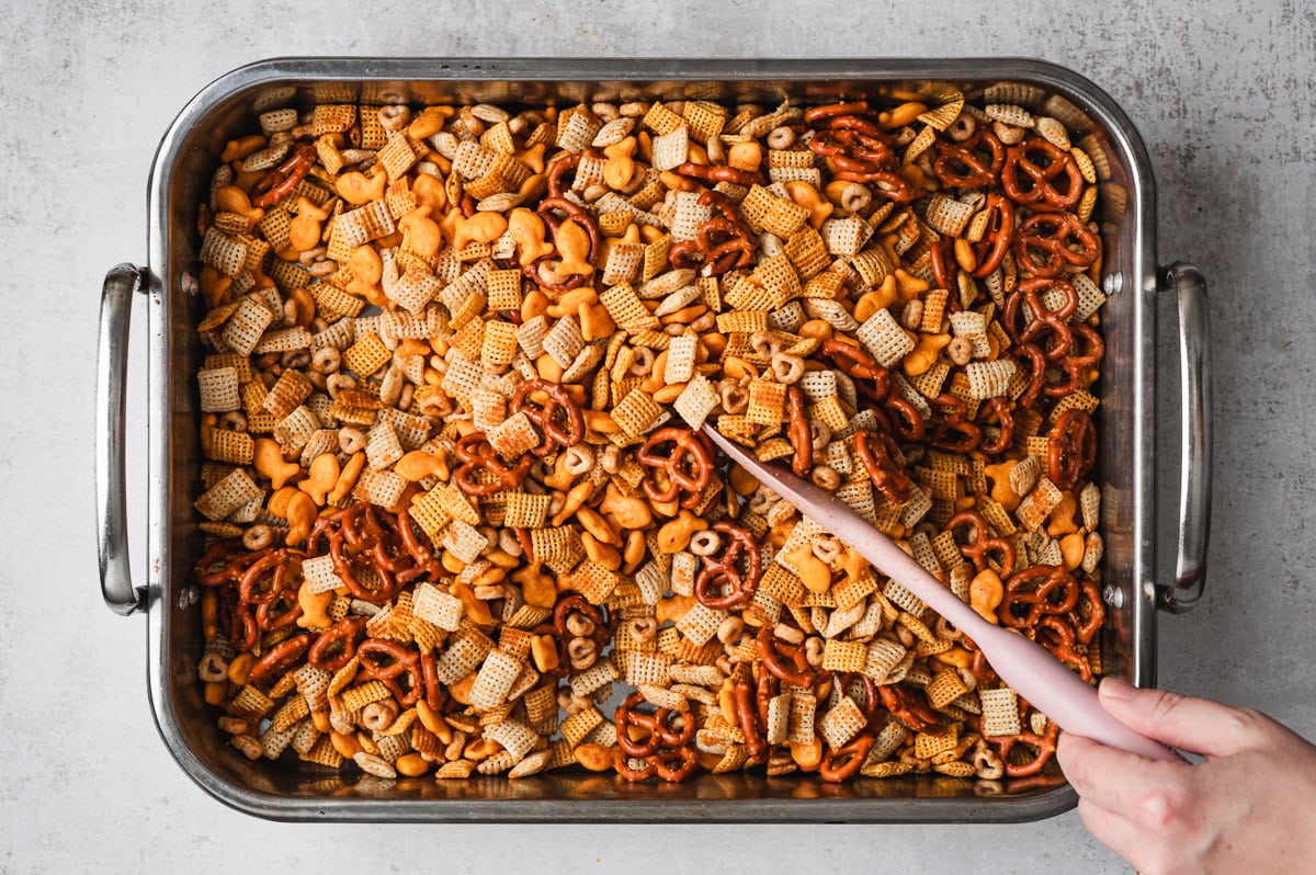 cereal snack mix in a large roasting pan
