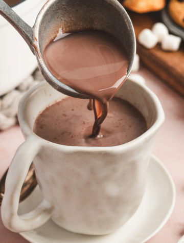 hot cocoa poured into mug with ladel
