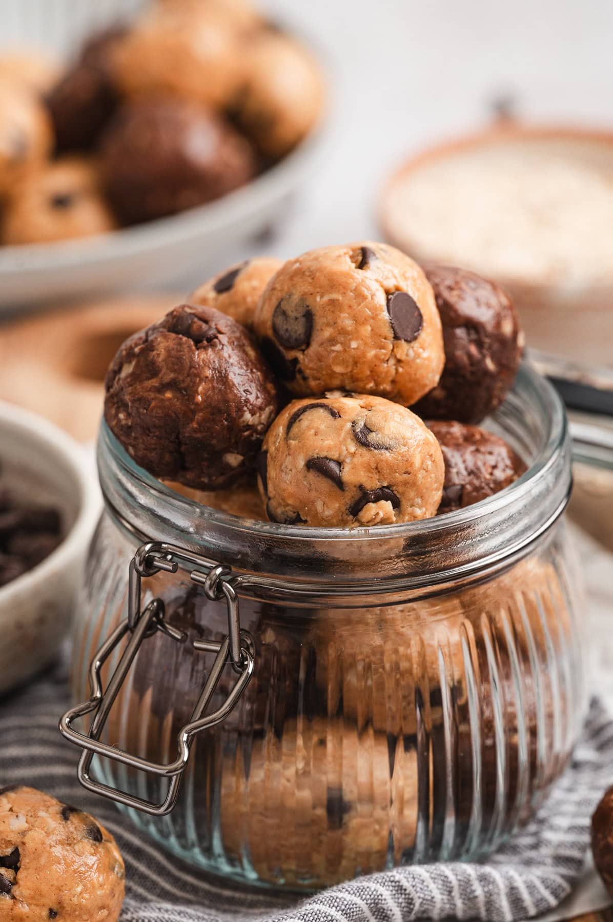peanut butter and chocolate protein bites in a jar