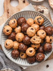 chocolate chip protein energy bites on a round plate